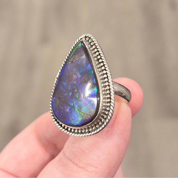Vintage Sterling Large Blue Ammolite Ring, Triangle Doublet Adjustable Band
